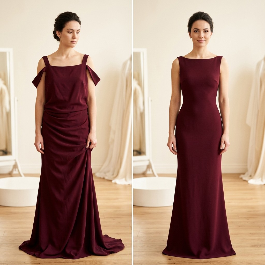 Before and after: burgundy cold-shoulder gown taken in to fit perfectly