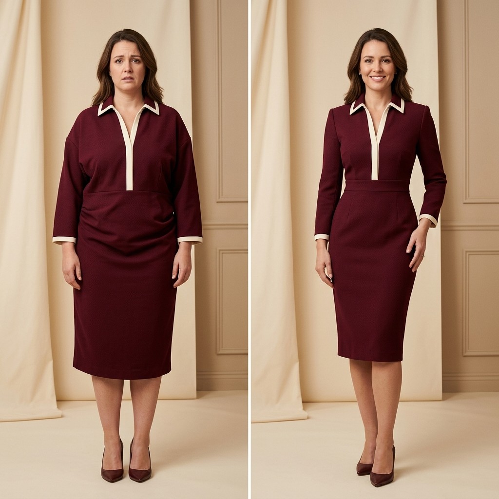 Before and after: burgundy collared dress with cream trim taken in to fit perfectly