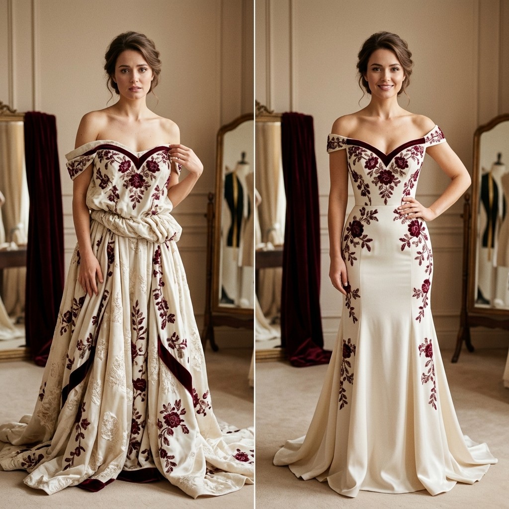 Before and after: ivory off-the-shoulder gown with burgundy floral embroidery taken in to fit perfectly