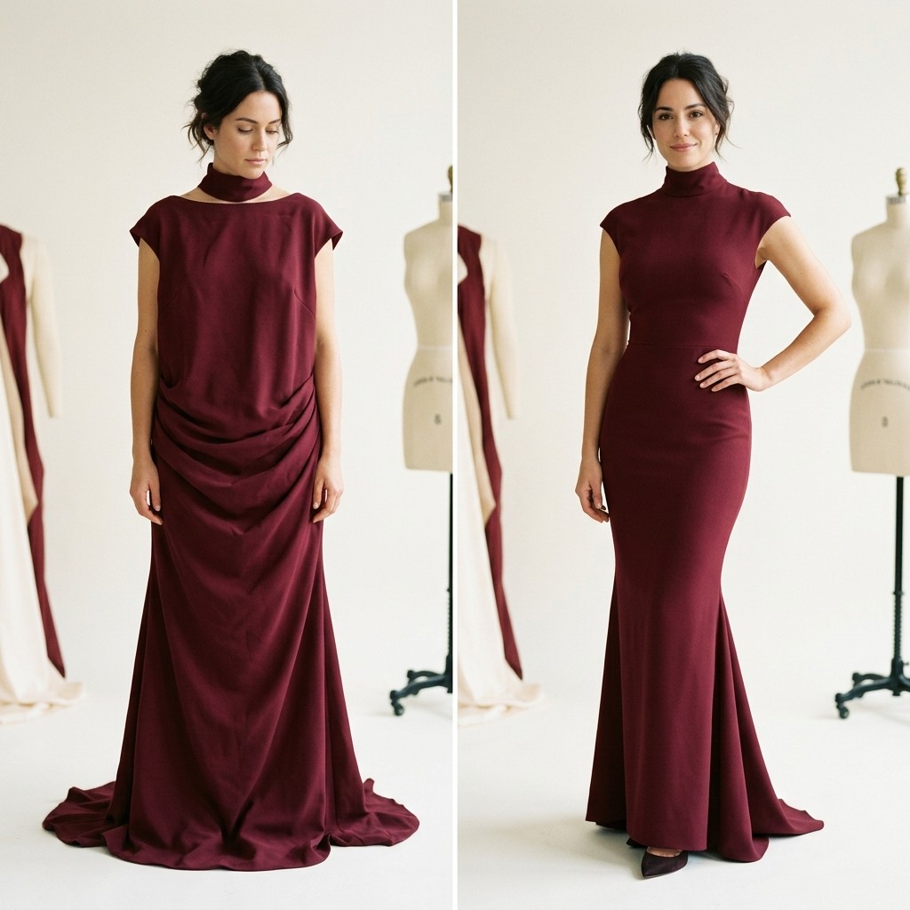 Before and after: burgundy high-neck gown with cap sleeves taken in to fit perfectly