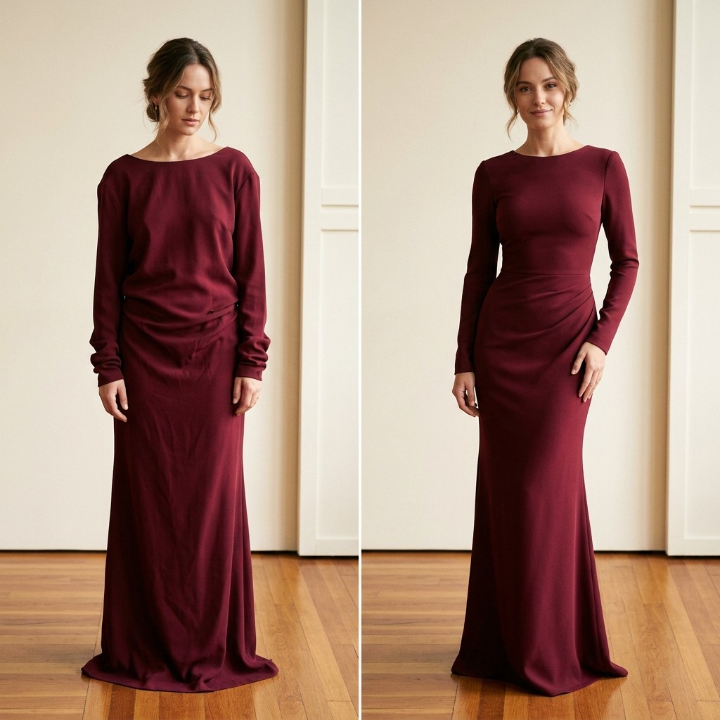 Before and after: long-sleeve burgundy gown taken in to fit perfectly