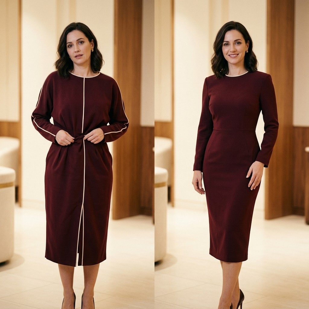 Before and after: burgundy midi dress with cream piping taken in to fit perfectly