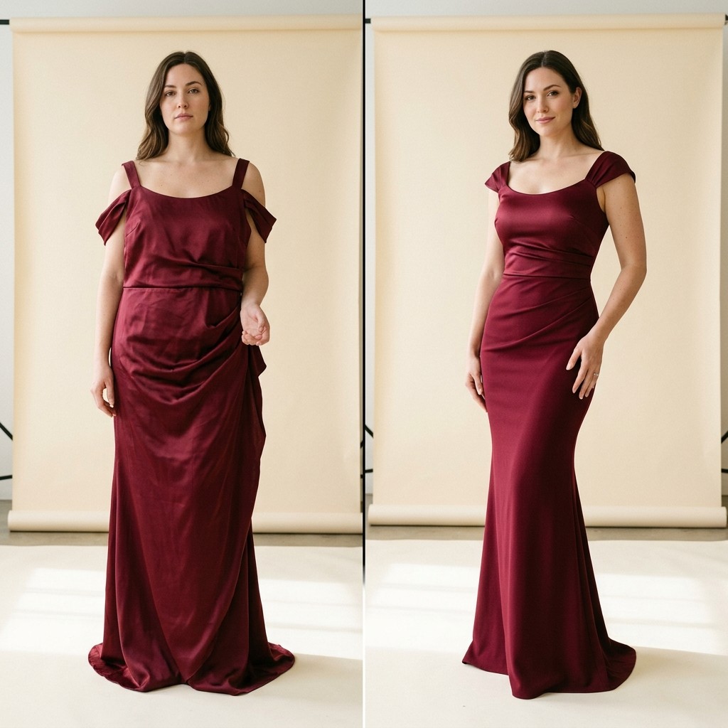 Before and after: burgundy satin gown with off-shoulder straps taken in to fit perfectly