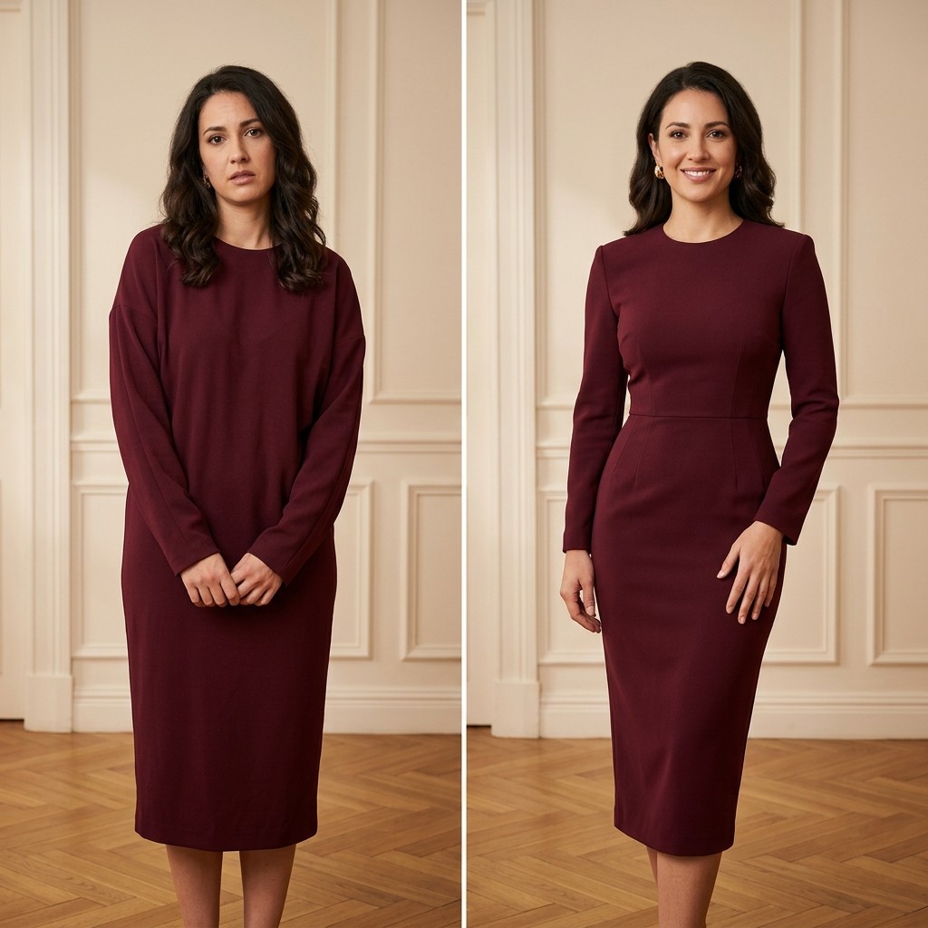 Before and after: burgundy long-sleeve sheath dress taken in to fit perfectly